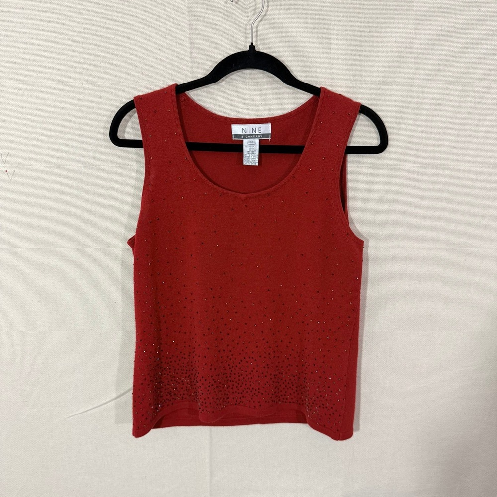 Nine & Company Womens Red Beaded Knit Tank Top Shell Scoop Neck Size M Holiday